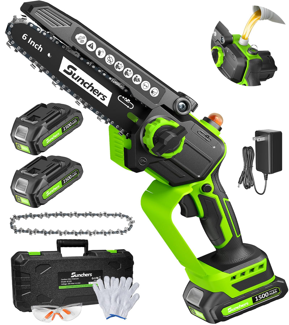 sunchers mini chainsaw front view showing compact design and usability