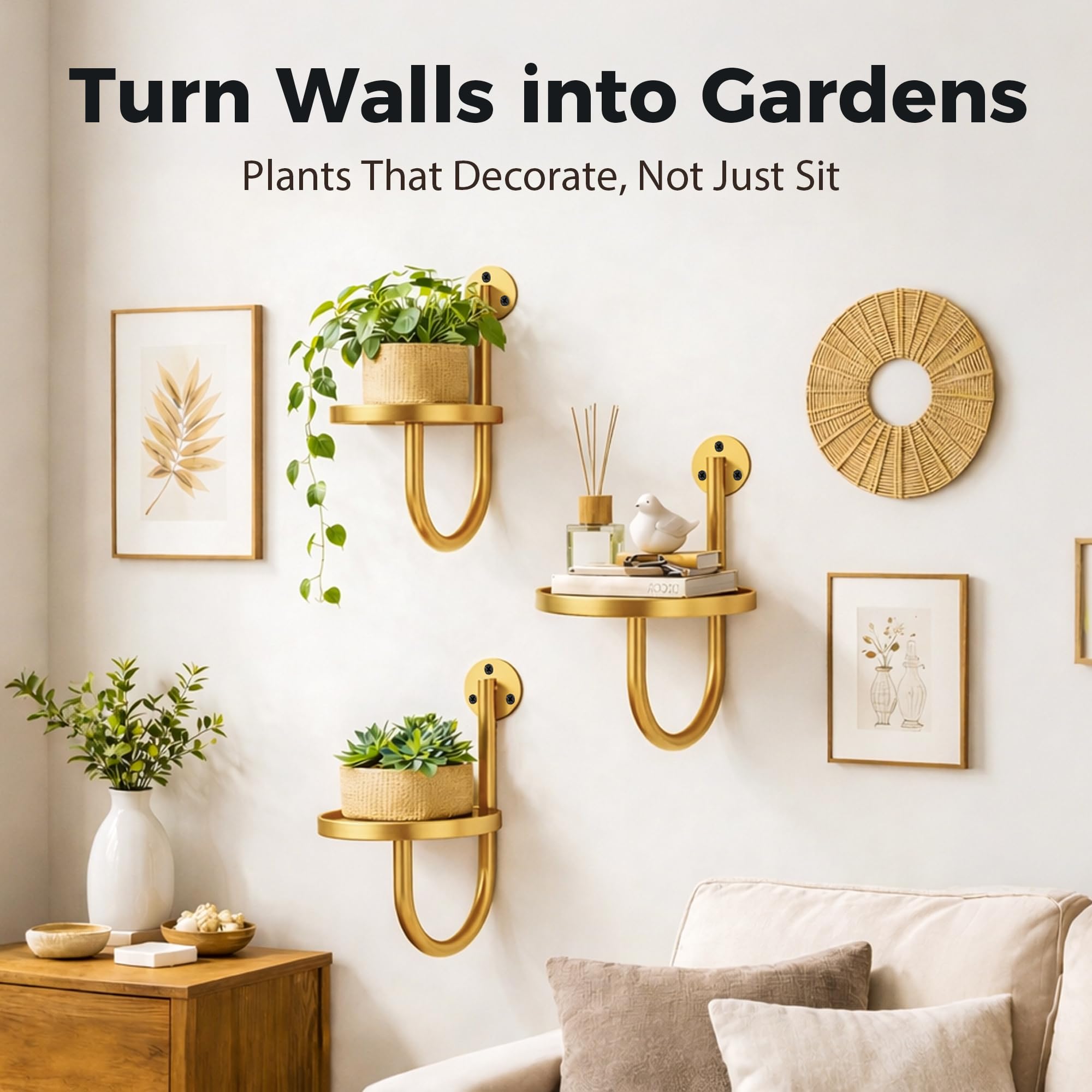 SUNCKET staged in living room wall scene adding vertical greenery and warm metallic accents