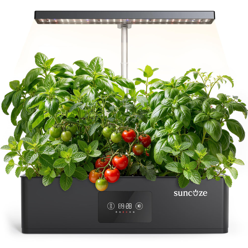 SUNCOZE front view of compact indoor garden showing pods and black base, saves countertop space
