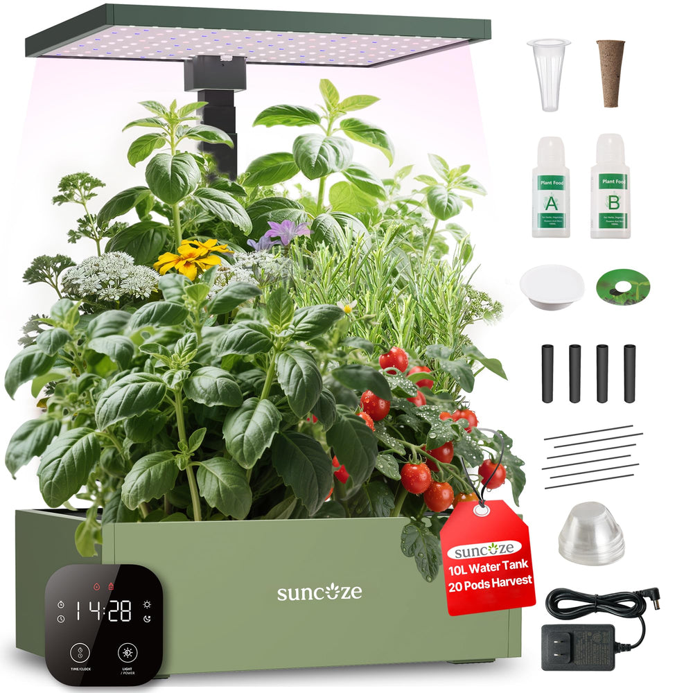SUNCOZE front view showing full 20‑pod system and compact footprint benefits