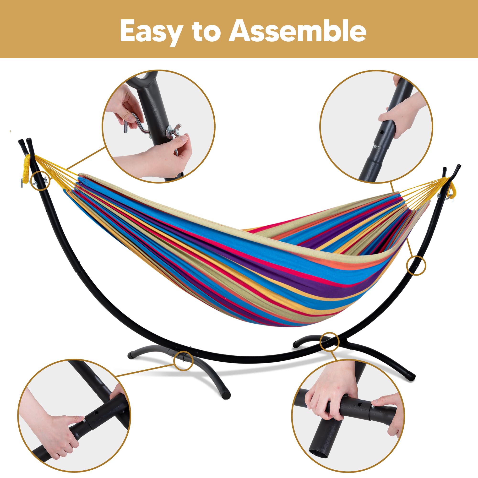 SUNCREAT side profile of assembled hammock and stand showing stable footprint benefit