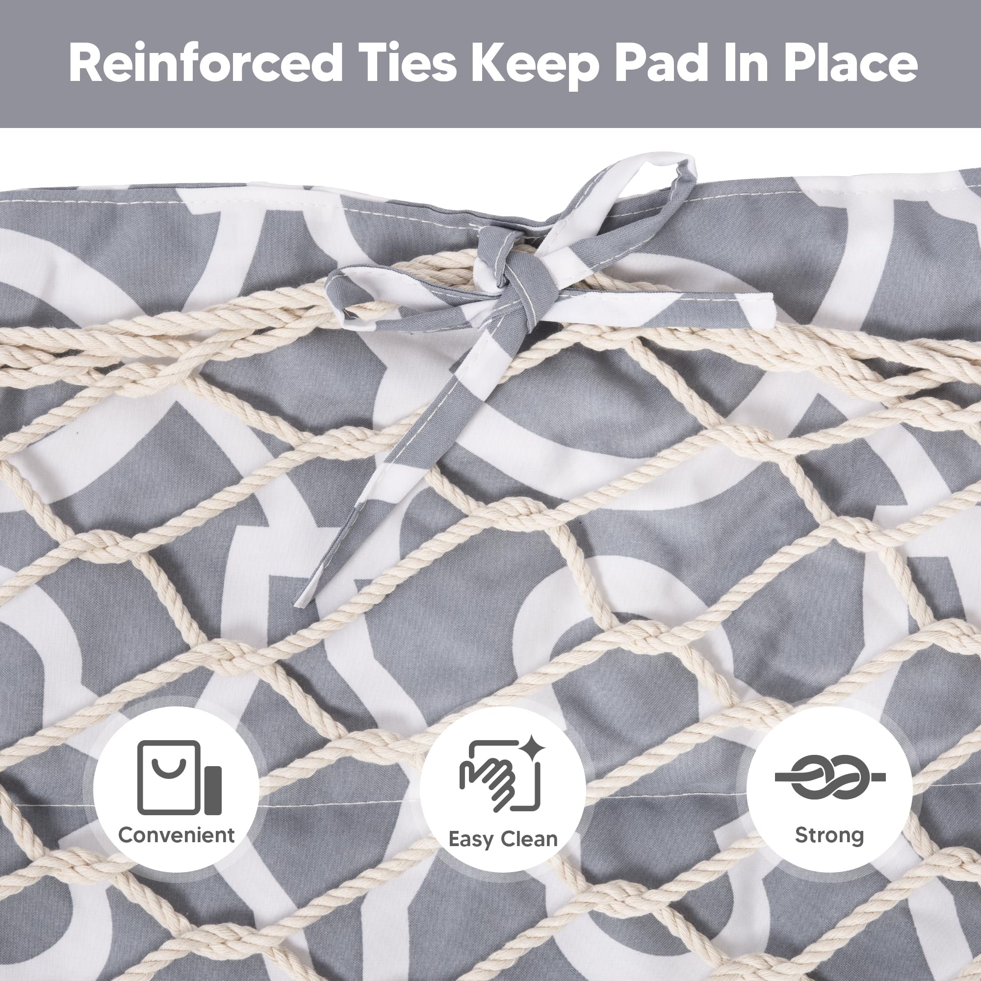 SUNCREAT pad attached on rope hammock demonstrating secure fit and comfort