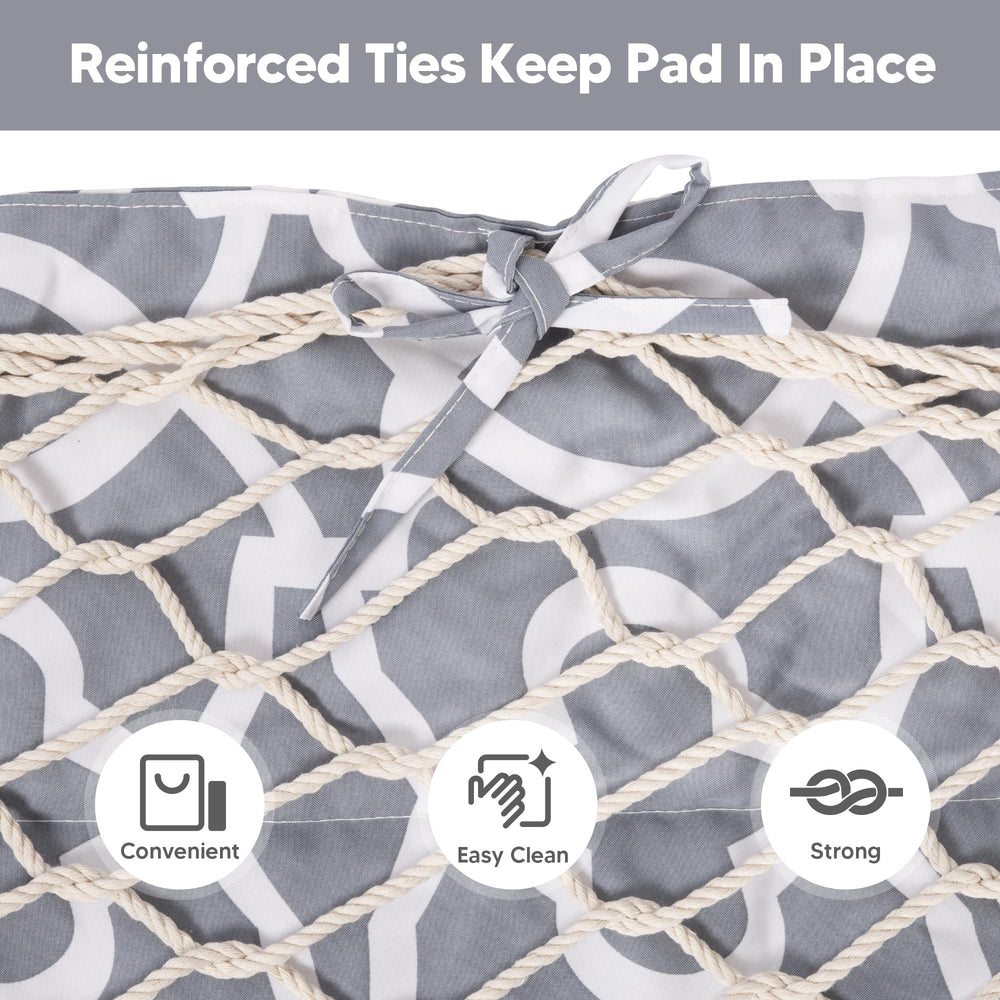 SUNCREAT pad attached on rope hammock demonstrating secure fit and comfort