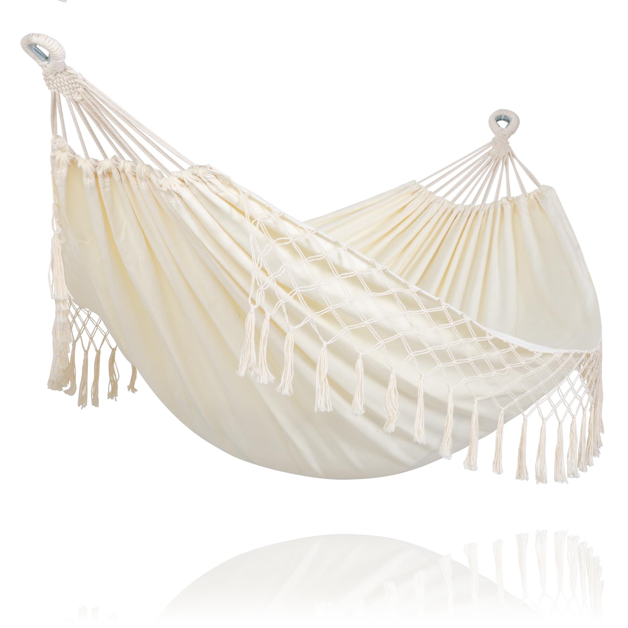 SUNCREAT beige hammock front view showing full bed and tassels, cozy aesthetic