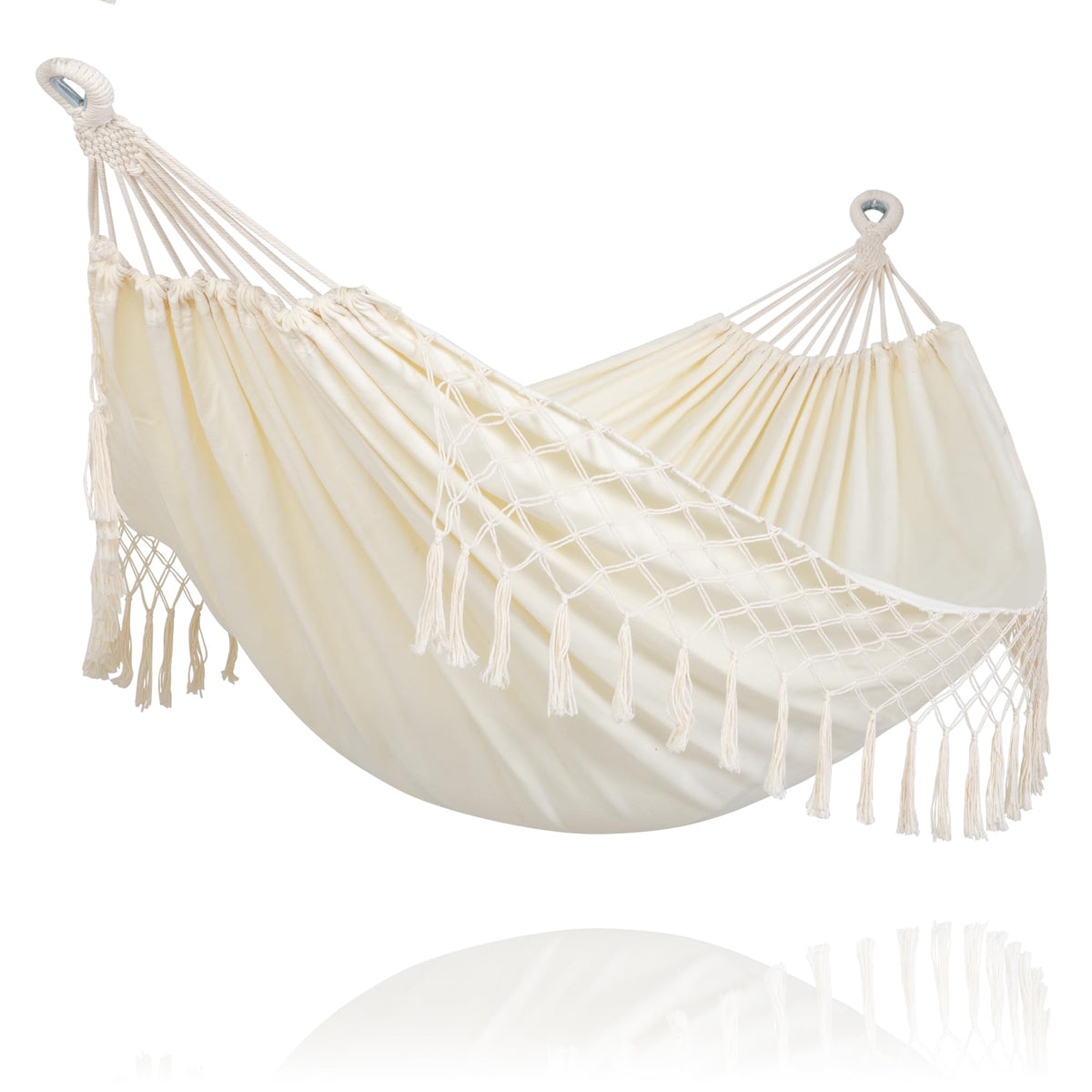 SUNCREAT beige hammock front view showing full bed and tassels, cozy aesthetic