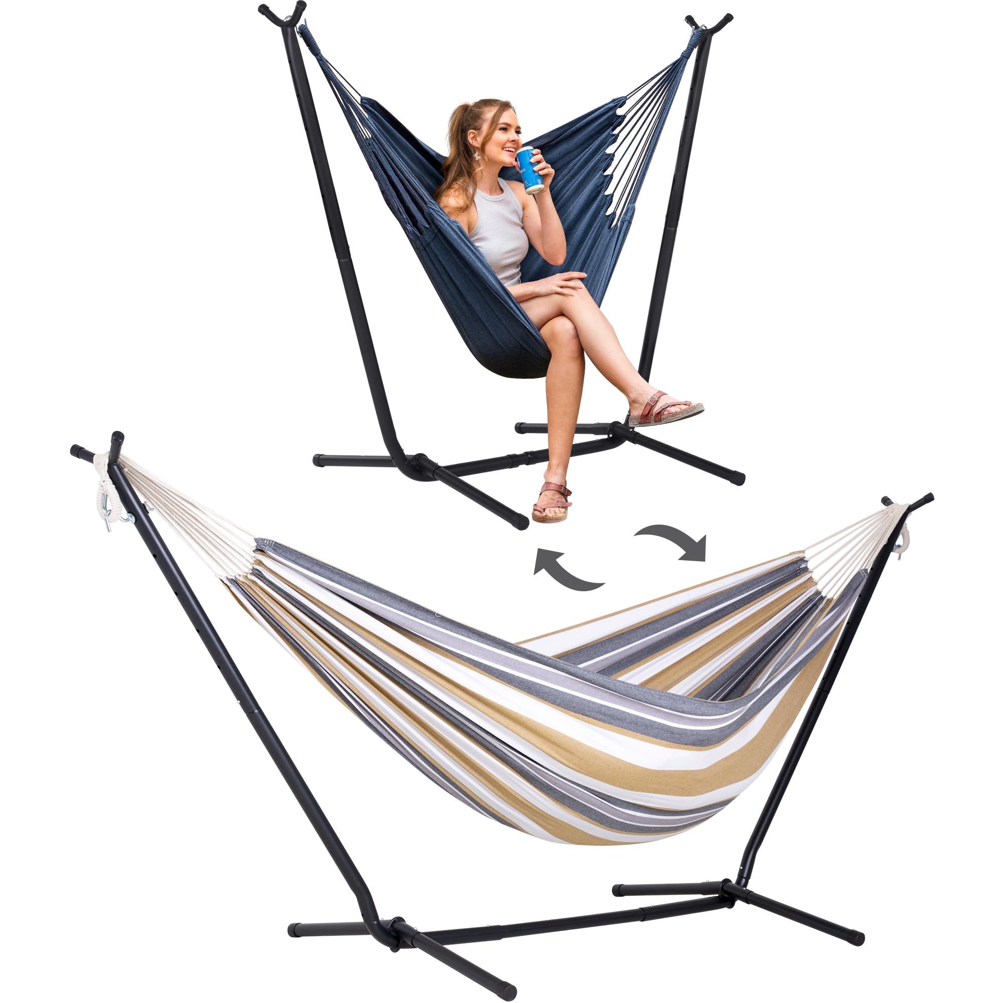 SUNCREAT front view coffee stripe hammock set showing convertible stand benefit