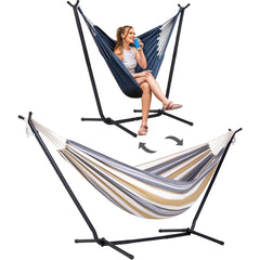 SUNCREAT front view coffee stripe hammock set showing convertible stand benefit
