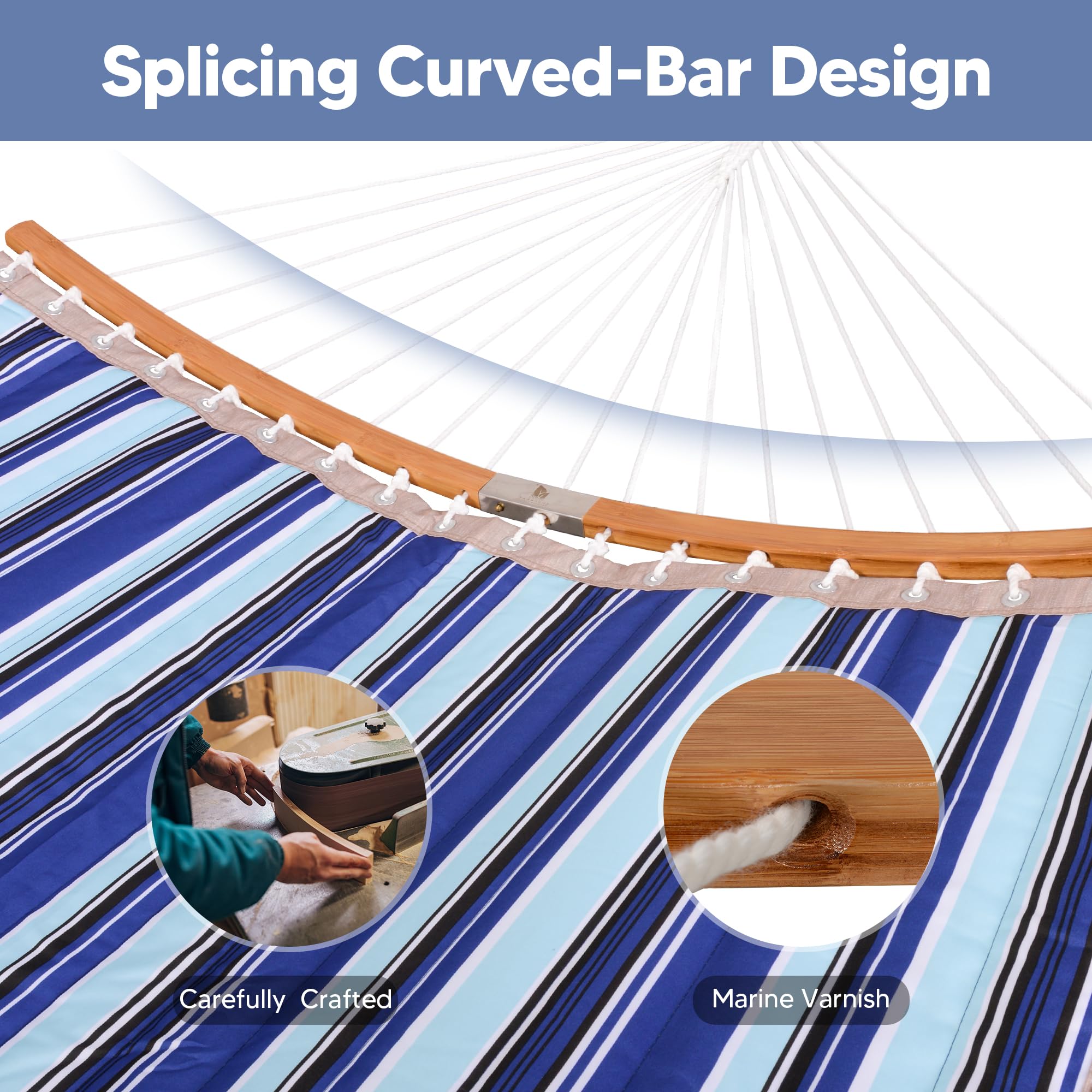 SUNCREAT curved 55 inch spreader bar detail with marine varnish for weather resistance
