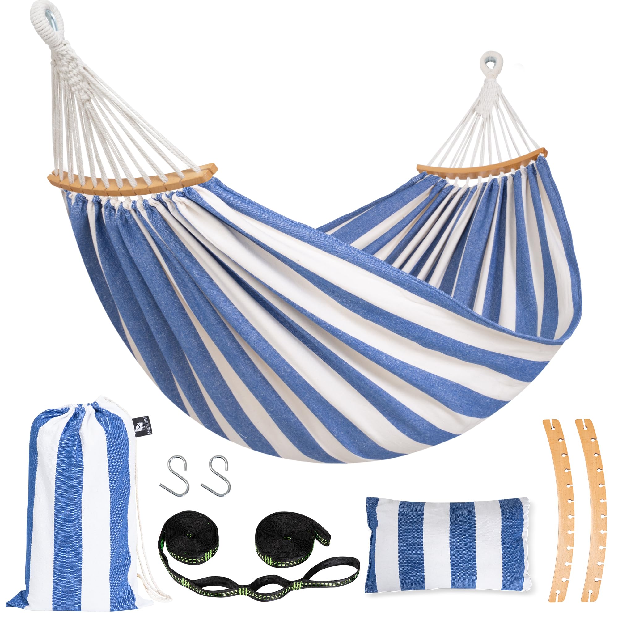 SUNCREAT front view of blue and white double hammock showing roomy bed benefit