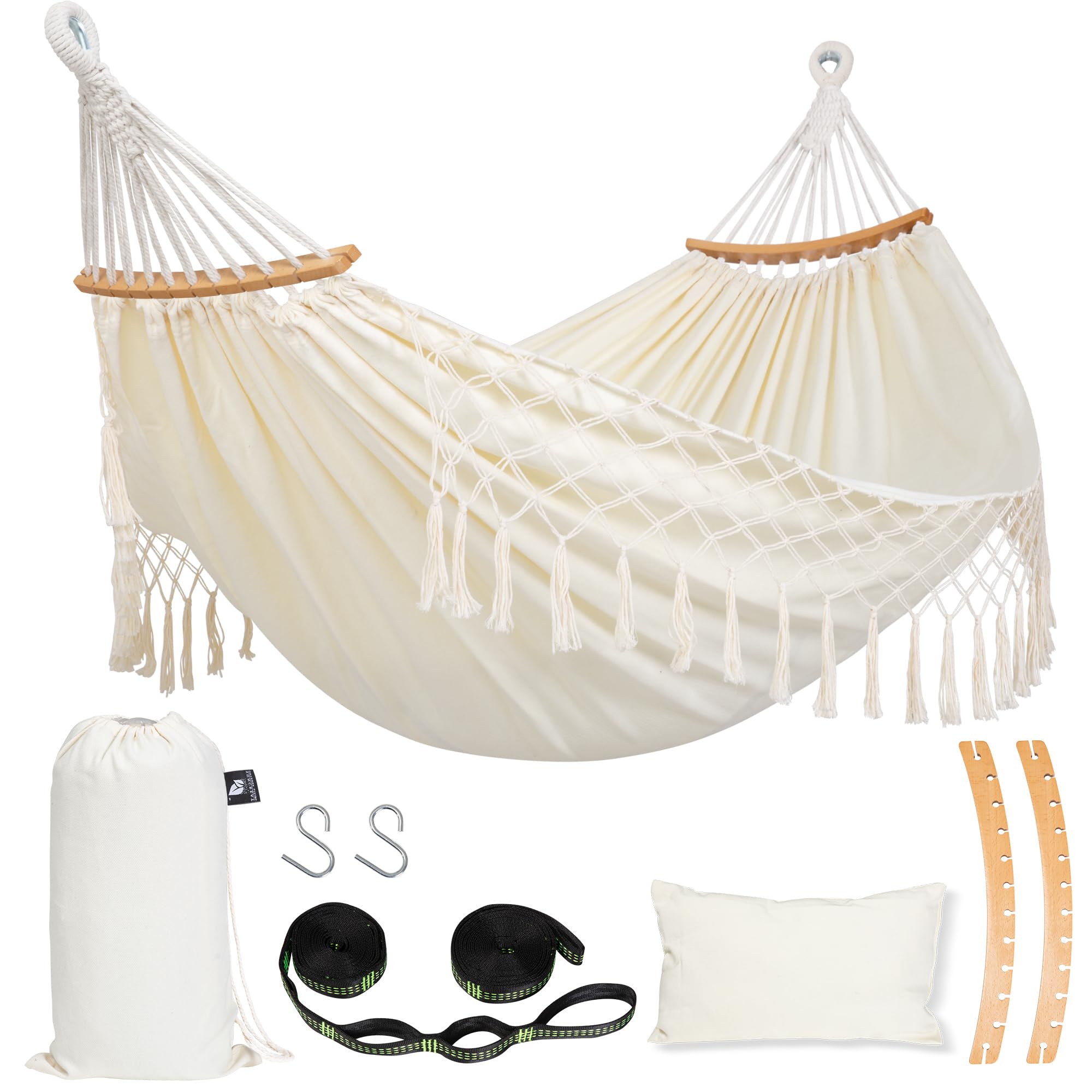 SUNCREAT double hammock front view showing roomy beige bed and tassels for relaxing