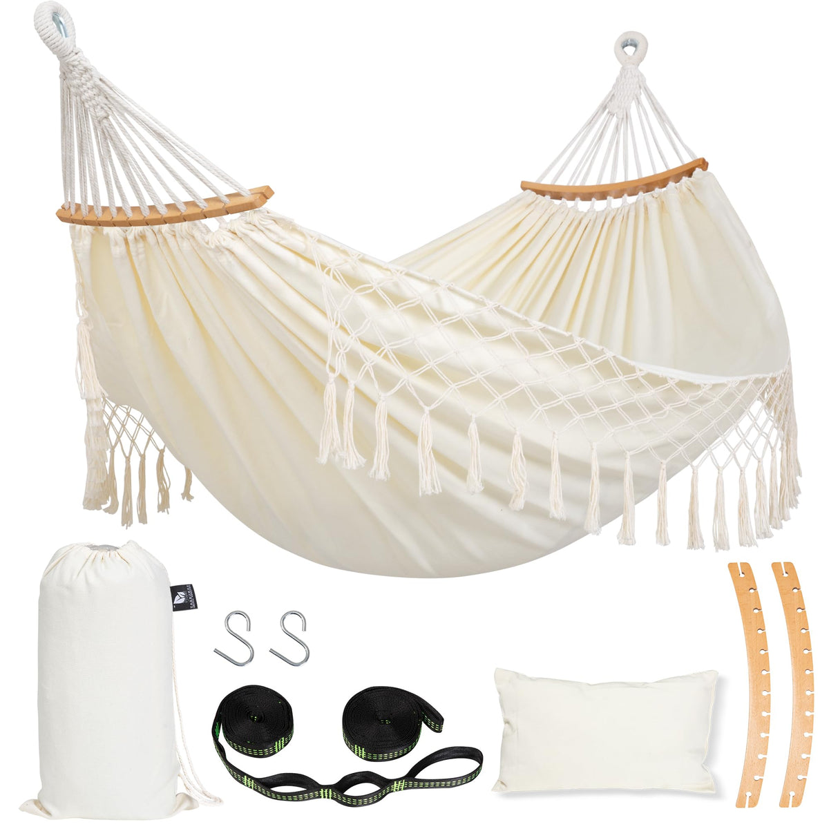 SUNCREAT double hammock front view showing roomy beige bed and tassels for relaxing