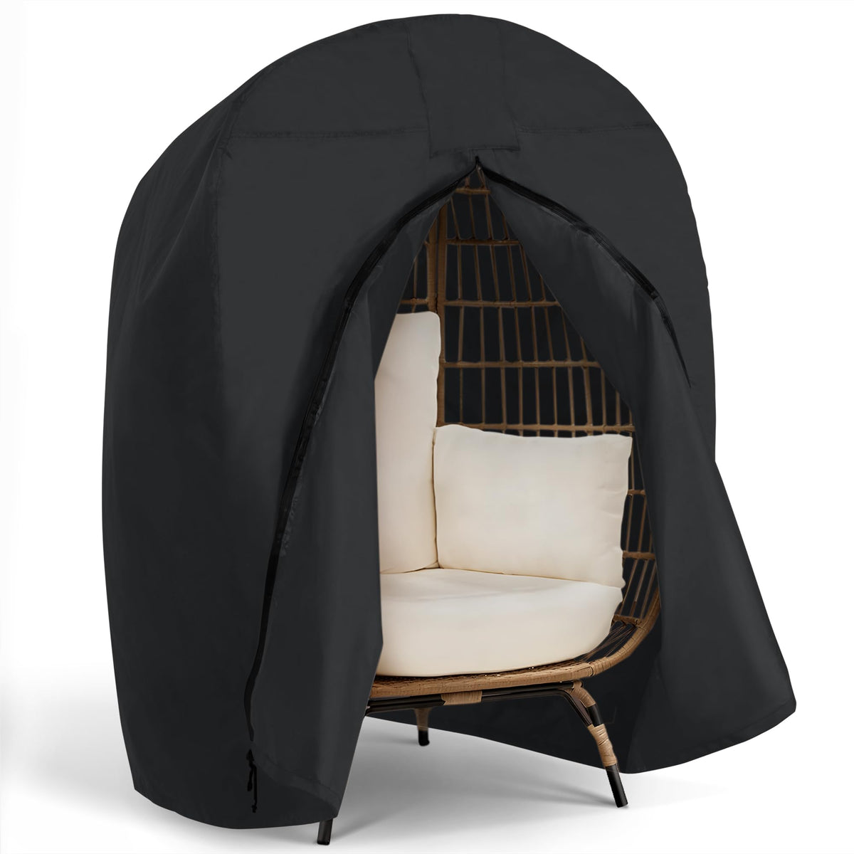 SUNCREAT front view showing full egg chair protection and weather defense