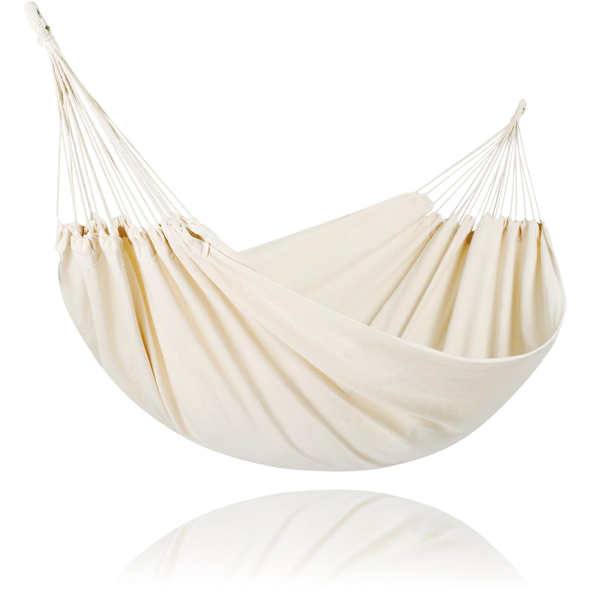 SUNCREAT front view of canvas hammock showing natural fabric and roomy bed benefit