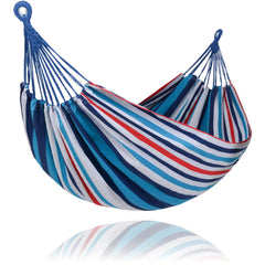 SUNCREAT front view showing ocean stripes and double-size bed for comfortable lounging