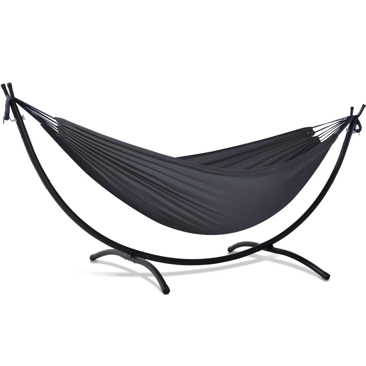 SUNCREAT front view assembled hammock and stand, showing stability and design