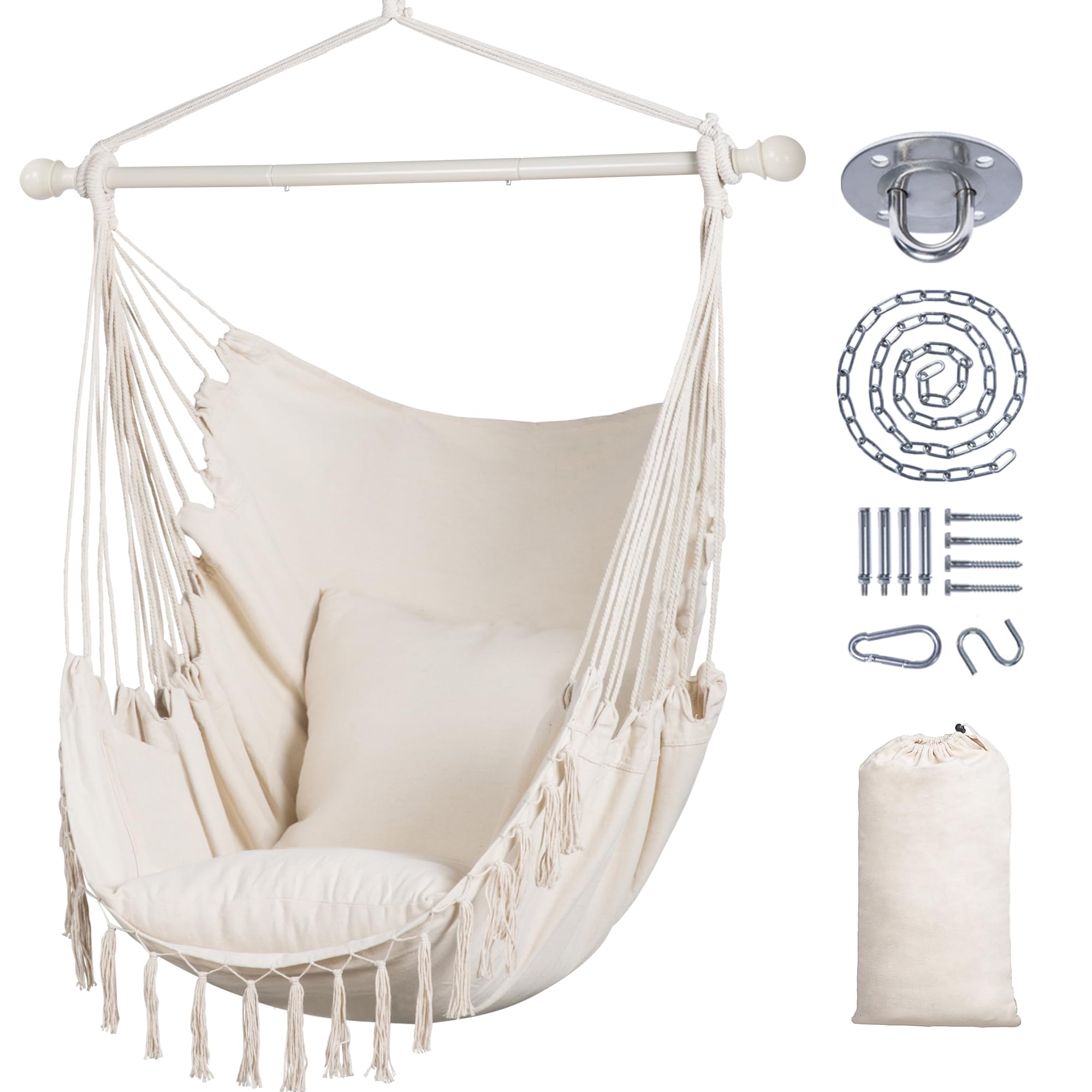 SUNCREAT beige hammock chair front view showing spacious seat and neutral decor benefit