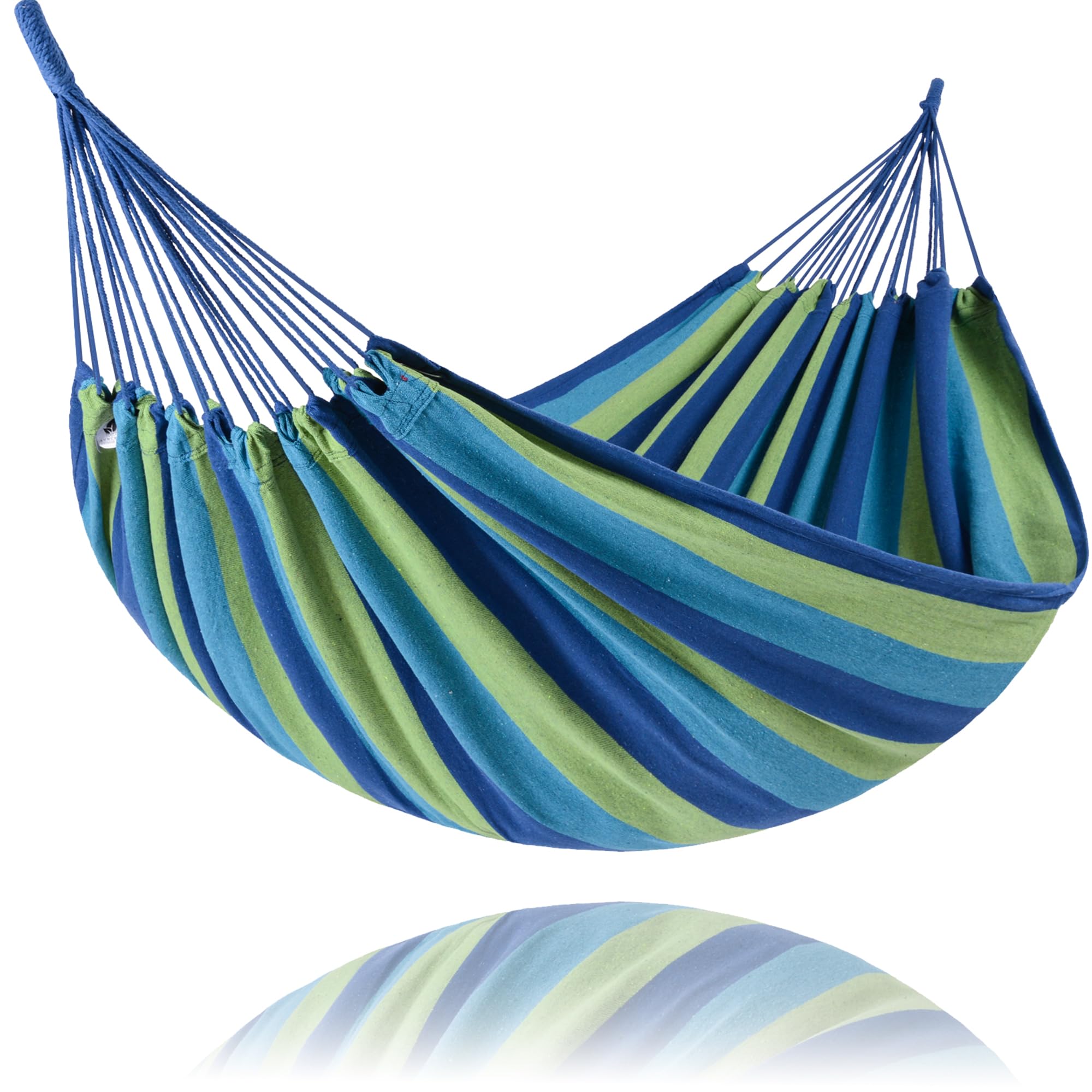 SUNCREAT front view blue stripe hammock showing full bed and pattern, comfortable lounging