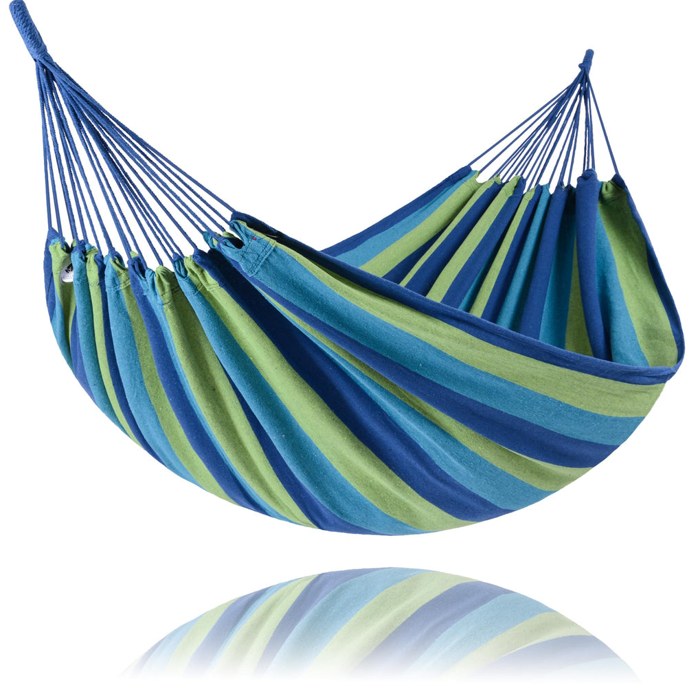 SUNCREAT front view blue stripe hammock showing full bed and pattern, comfortable lounging