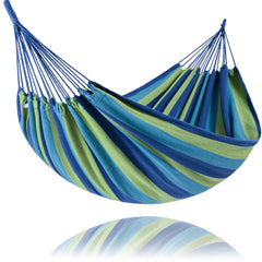 SUNCREAT front view blue stripe hammock showing full bed and pattern, comfortable lounging