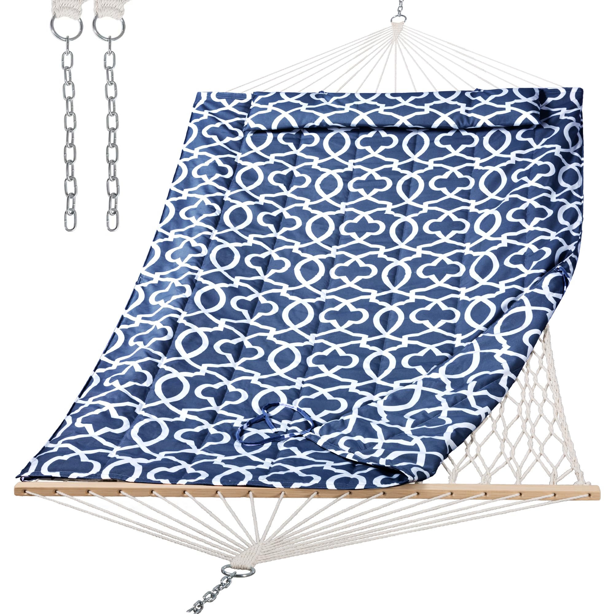 SUNCREAT front view of dark gray hammock showing full padded bed and spreader bars for comfort