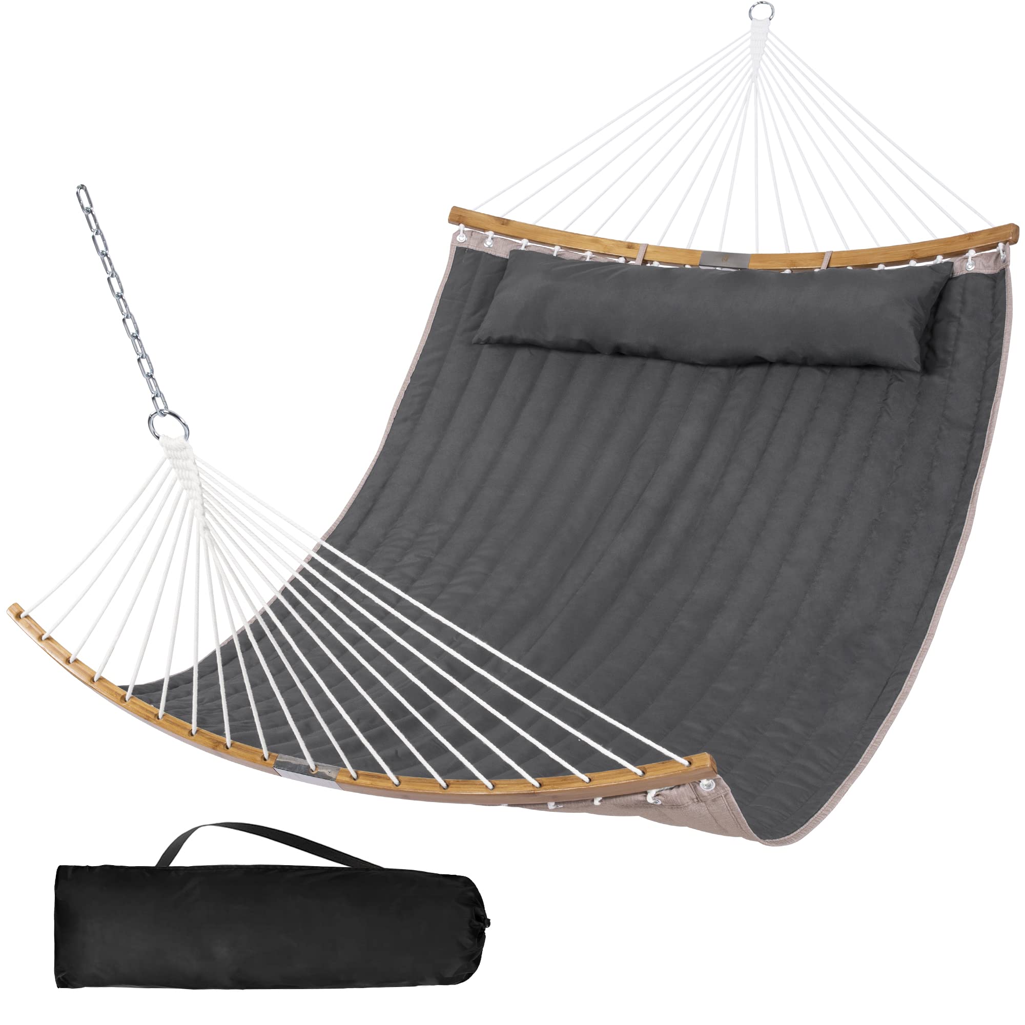 SUNCREAT front view dark gray hammock showing full spreader bar and bed comfort