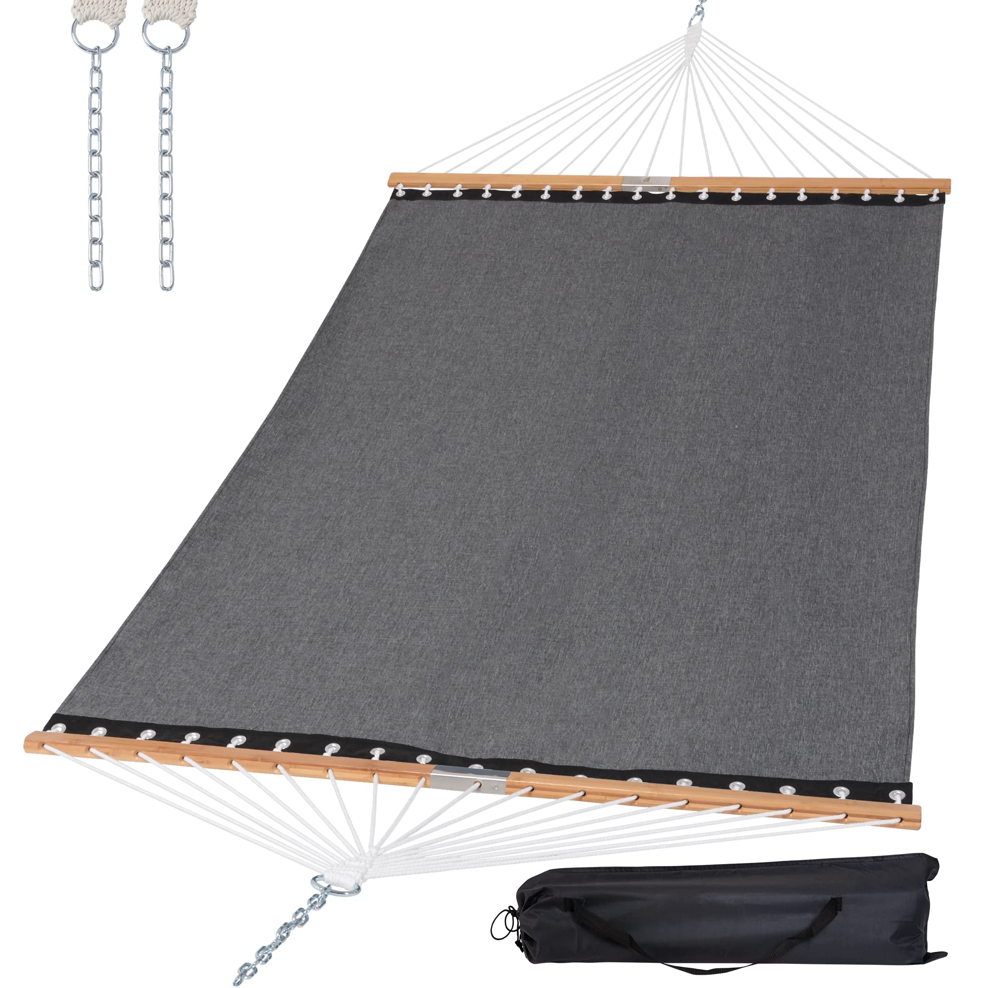 SUNCREAT front view dark gray hammock showing full spreader bars and bed benefit: stable lounging