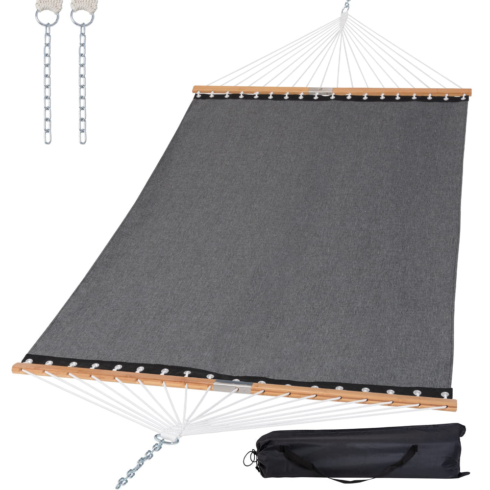 SUNCREAT front view dark gray hammock showing full spreader bars and bed benefit: stable lounging