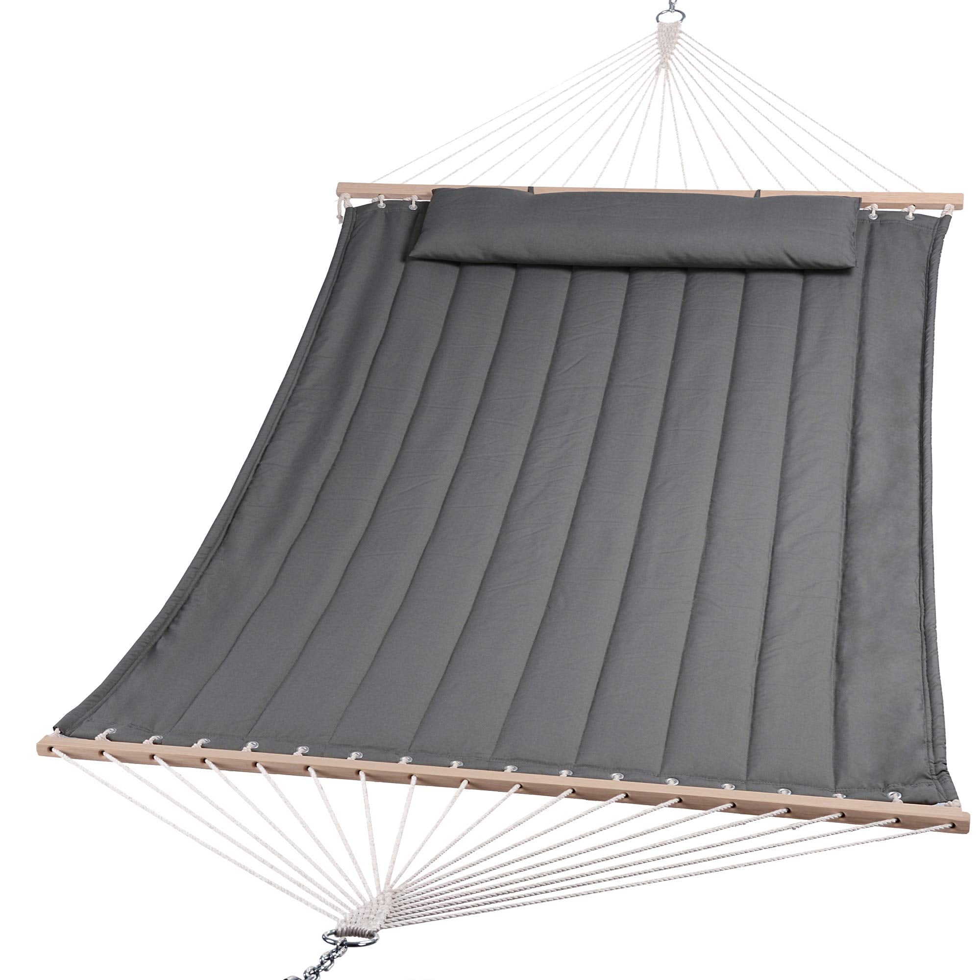SUNCREAT front view gray hammock showing full quilted bed and spreader bars for comfortable lounging