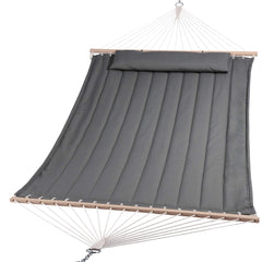 SUNCREAT front view gray hammock showing full quilted bed and spreader bars for comfortable lounging