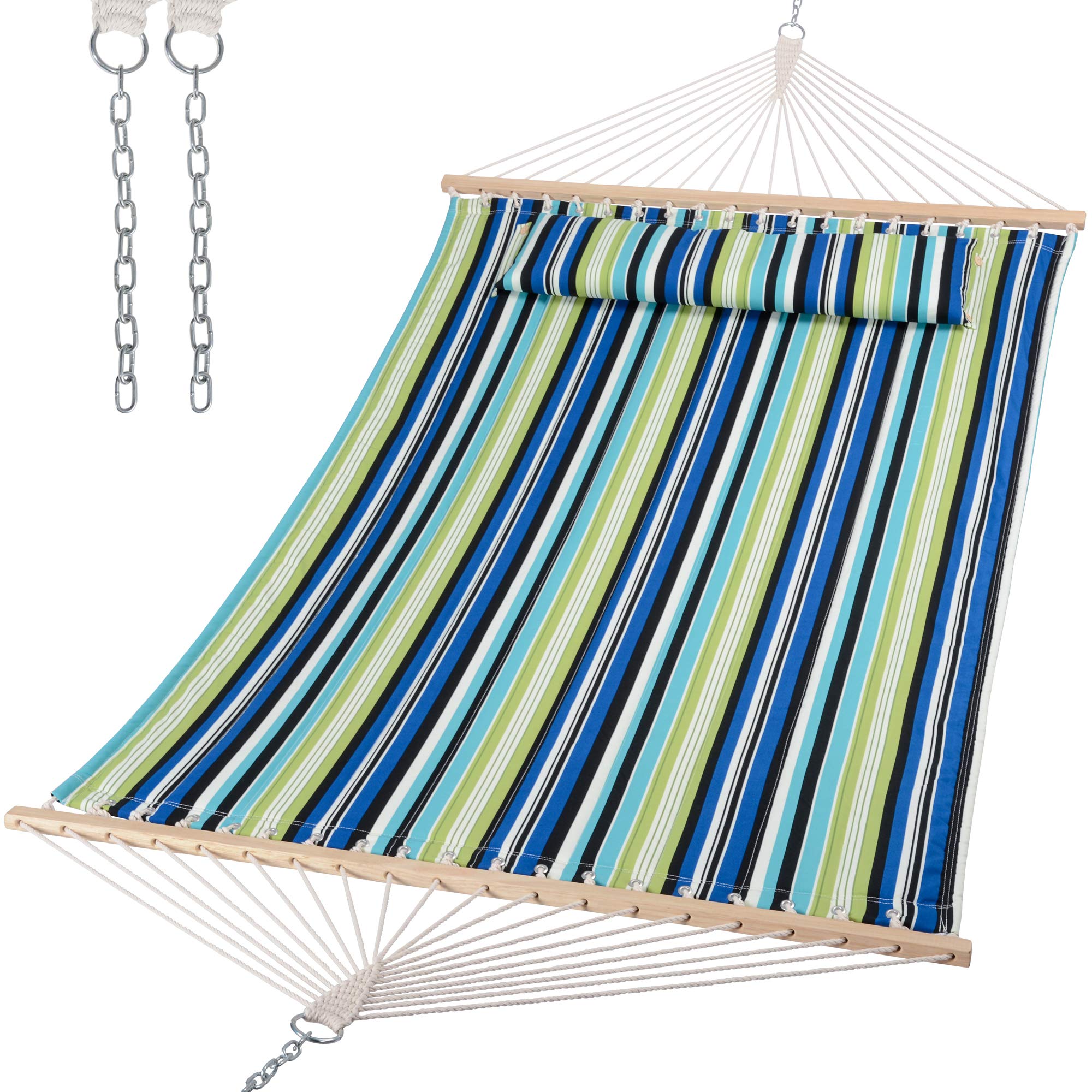 SUNCREAT front view green stripes hammock showing full bed and spreader bars for comfortable lounging