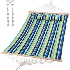 SUNCREAT front view green stripes hammock showing full bed and spreader bars for comfortable lounging