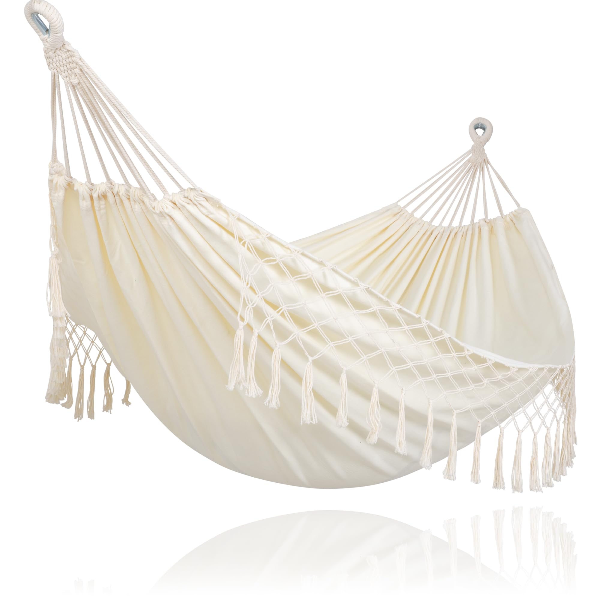 SUNCREAT front view of beige two-person hammock showing roomy bed and tassels for comfortable lounging