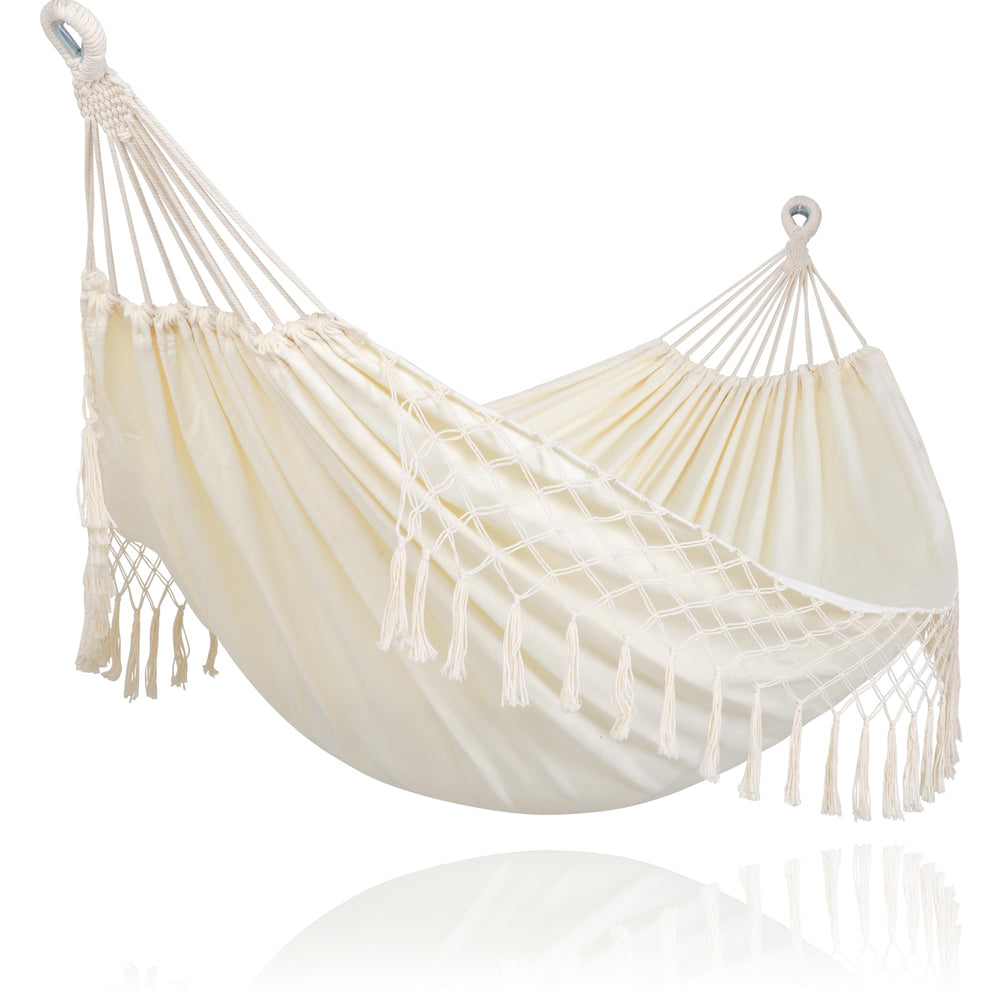 SUNCREAT front view of beige two-person hammock showing roomy bed and tassels for comfortable lounging