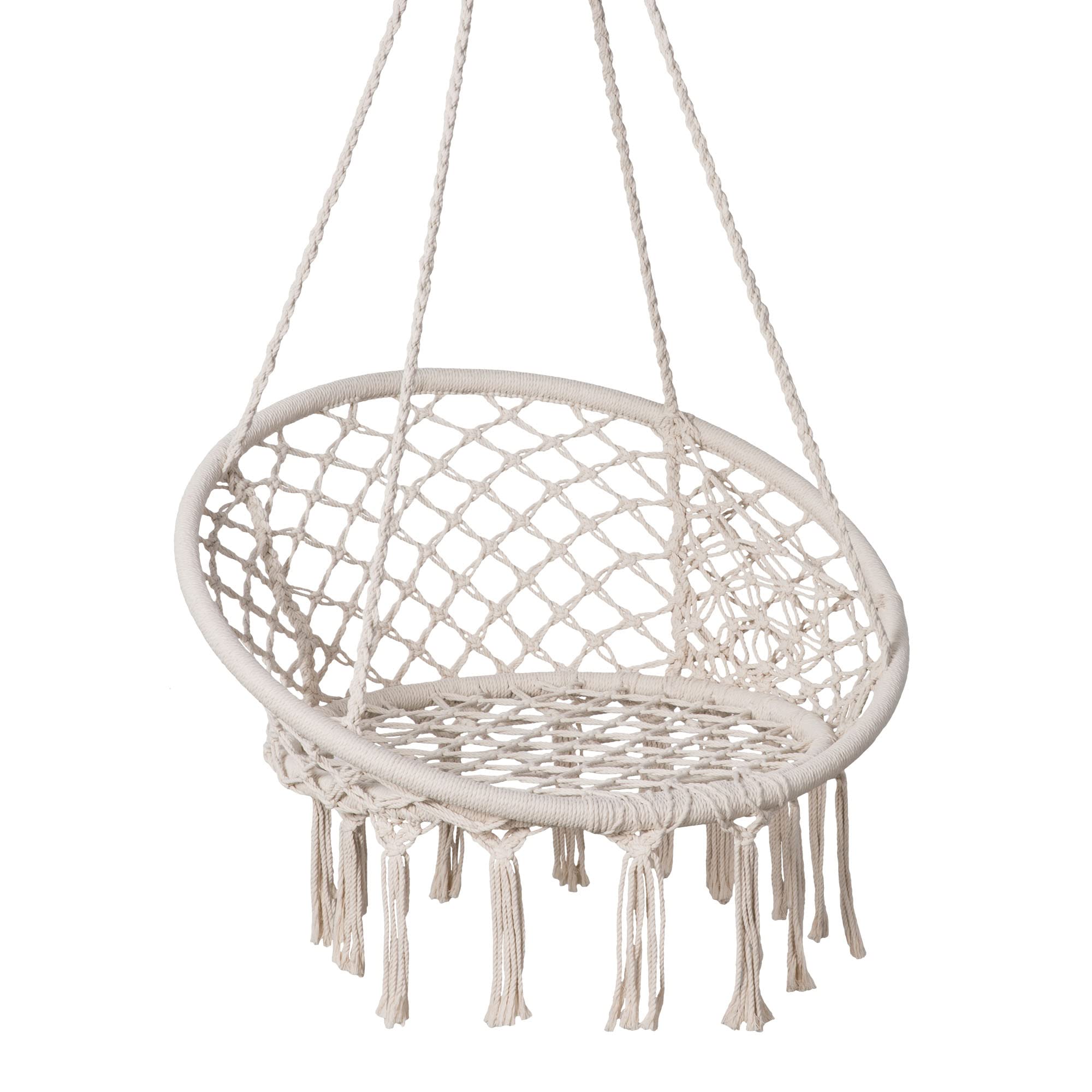 SUNCREAT front view of beige hammock chair showing inviting seat and tassels