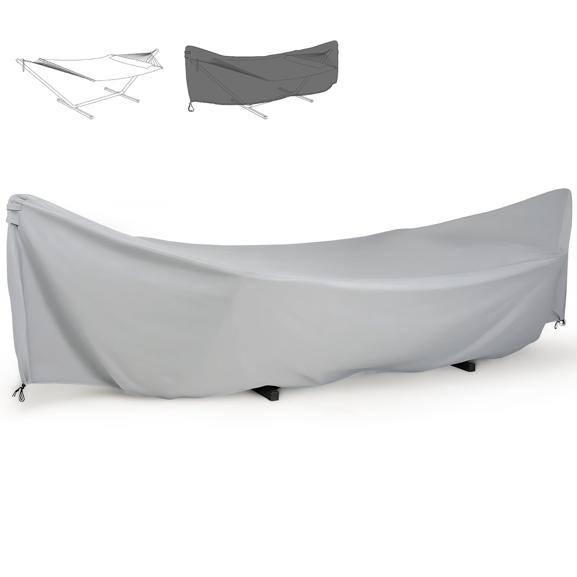 SUNCREAT front view showing full hammock cover protecting stand