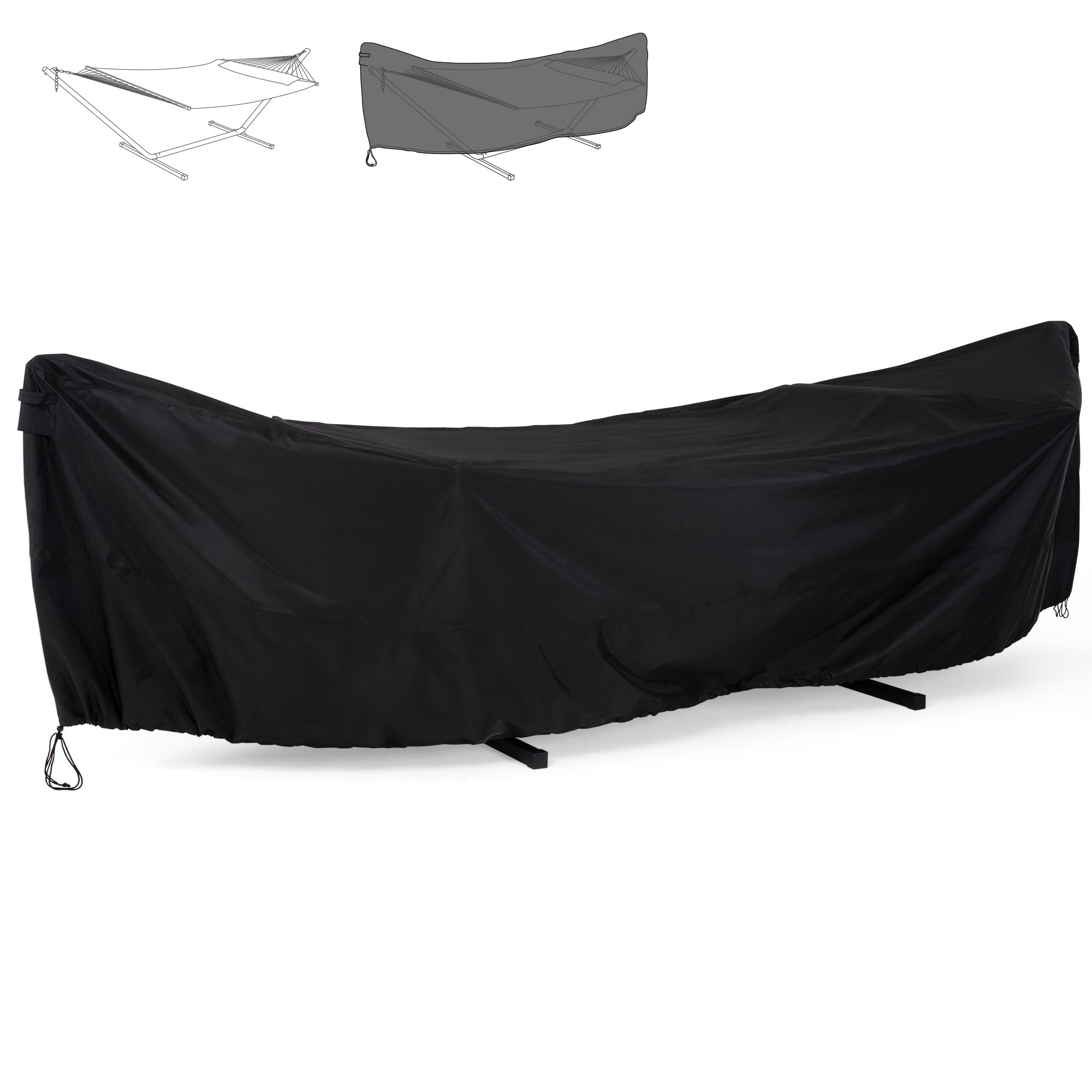 SUNCREAT front view of black hammock cover protecting stand and fabric