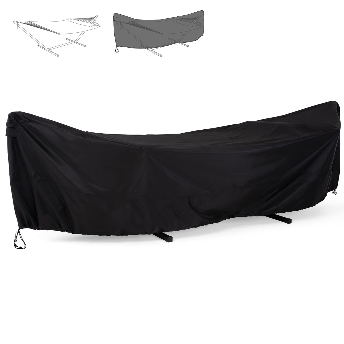 SUNCREAT front view of black hammock cover protecting stand and fabric