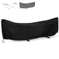 SUNCREAT front view of black hammock cover protecting stand and fabric