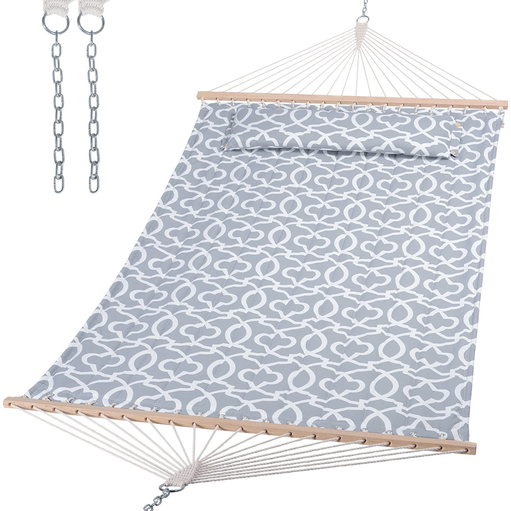 SUNCREAT front view of grey-pattern hammock showing full bed and spreader bar comfort