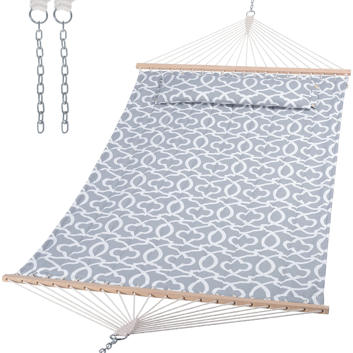 SUNCREAT front view of grey-pattern hammock showing full bed and spreader bar comfort