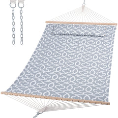 SUNCREAT front view of grey-pattern hammock showing full bed and spreader bar comfort