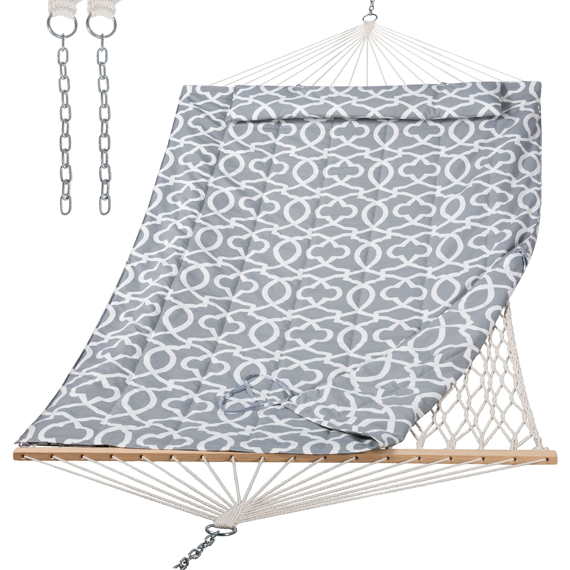 SUNCREAT front view hammock with grey quilted pad showing comfort and durability