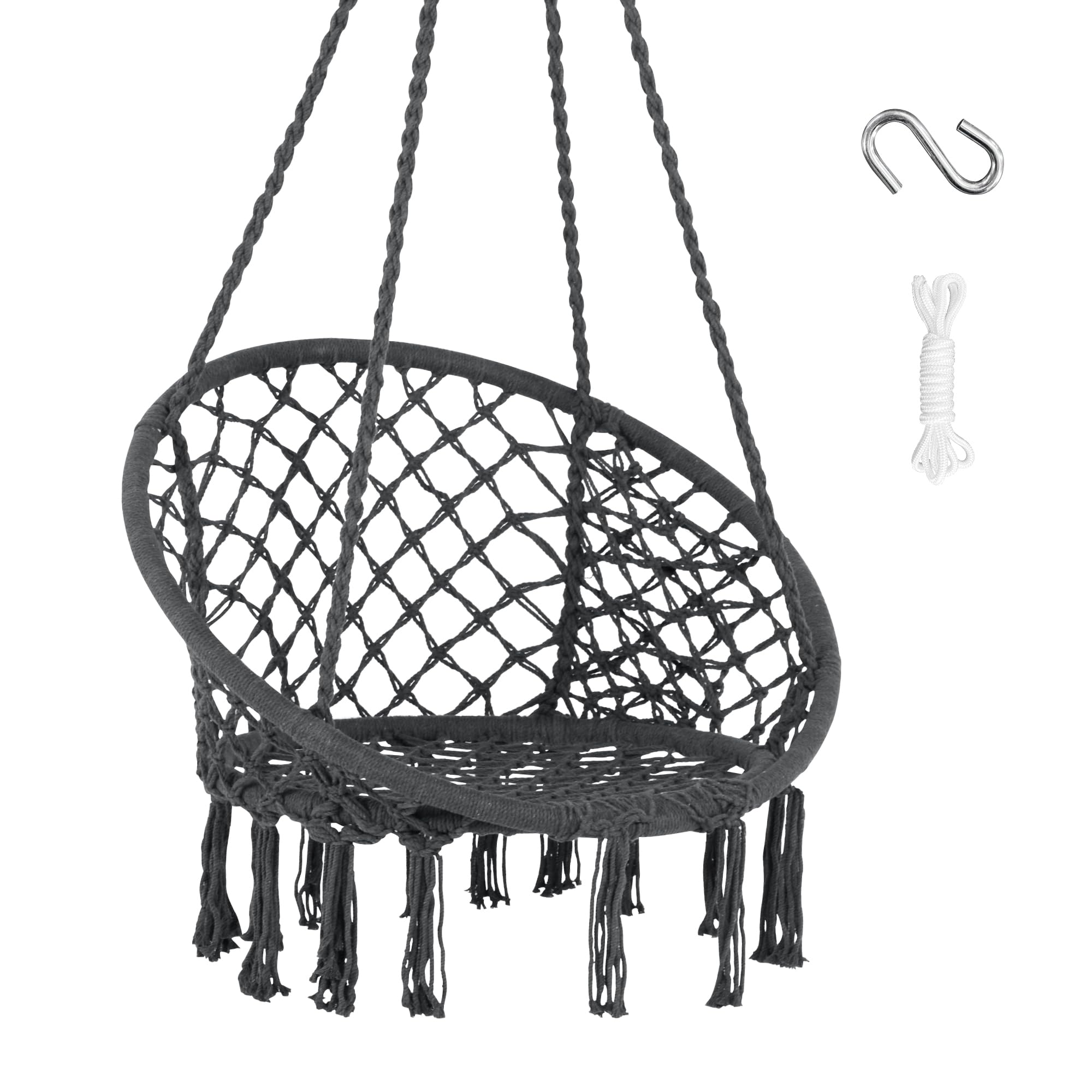 SUNCREAT front view of grey macrame chair showcasing comfortable design