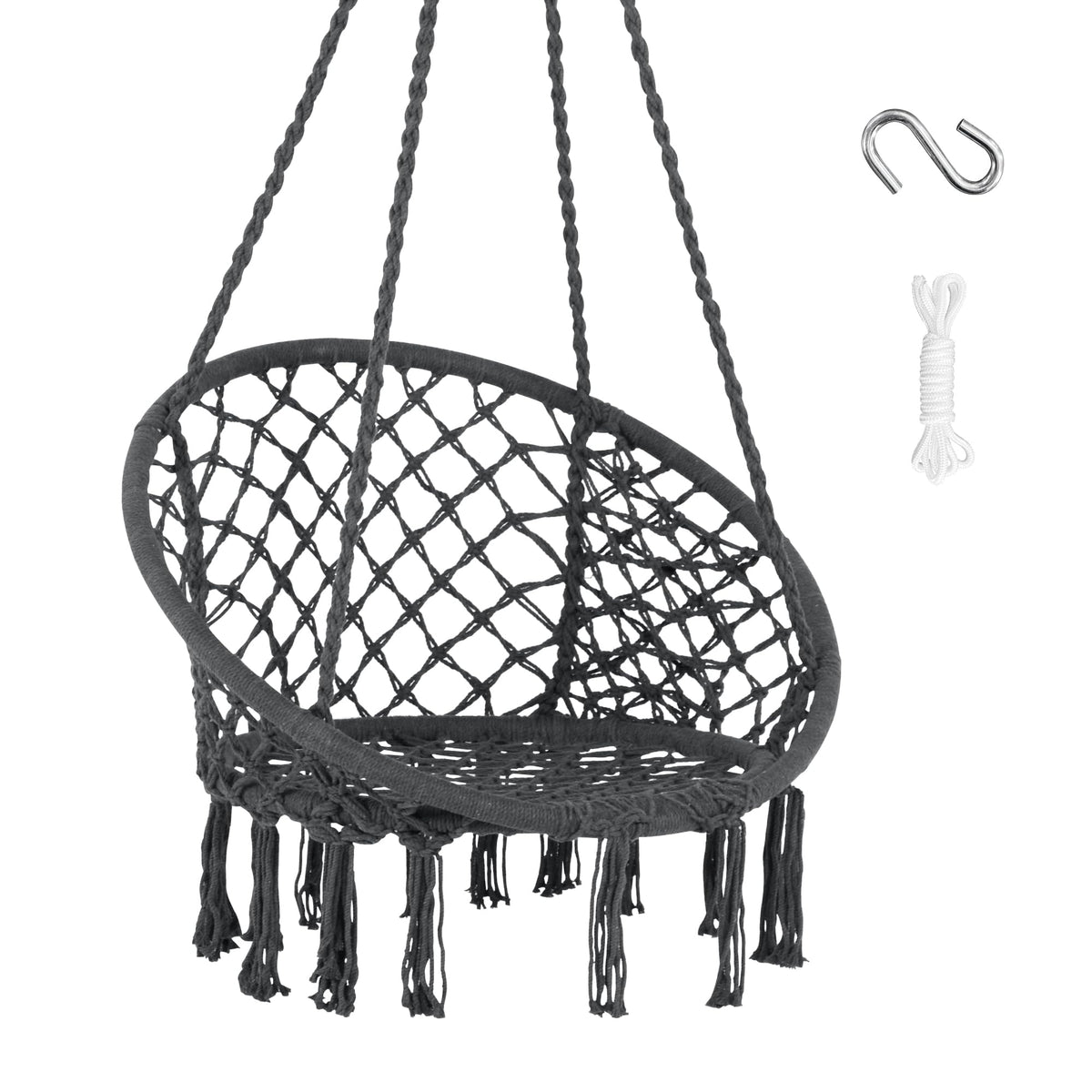 SUNCREAT front view of grey macrame chair showcasing comfortable design