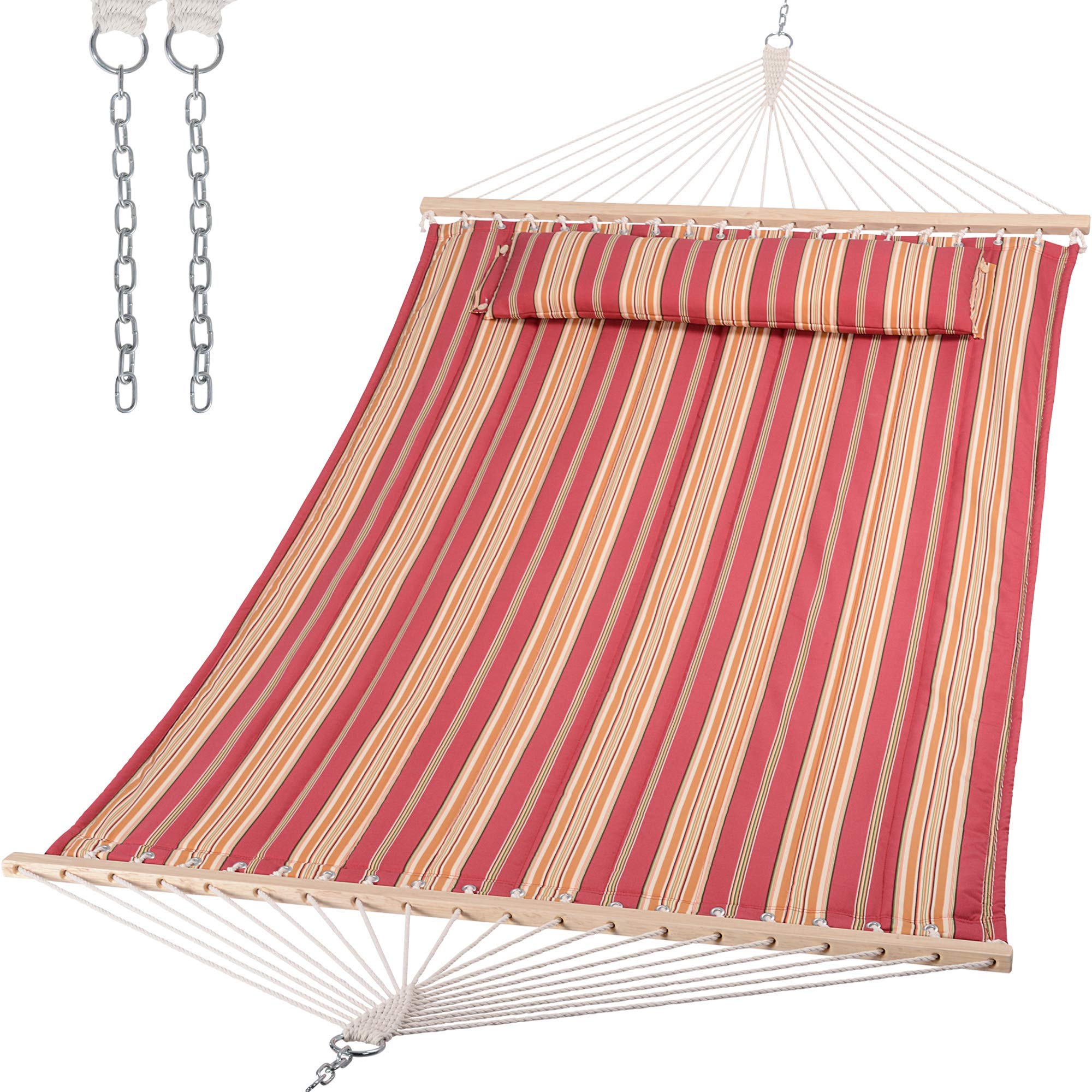 SUNCREAT front view red-striped hammock showing full bed and spreader bar benefit comfort