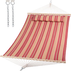 SUNCREAT front view red-striped hammock showing full bed and spreader bar benefit comfort