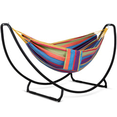 SUNCREAT front view of hammock and stand, shows complete setup and stability