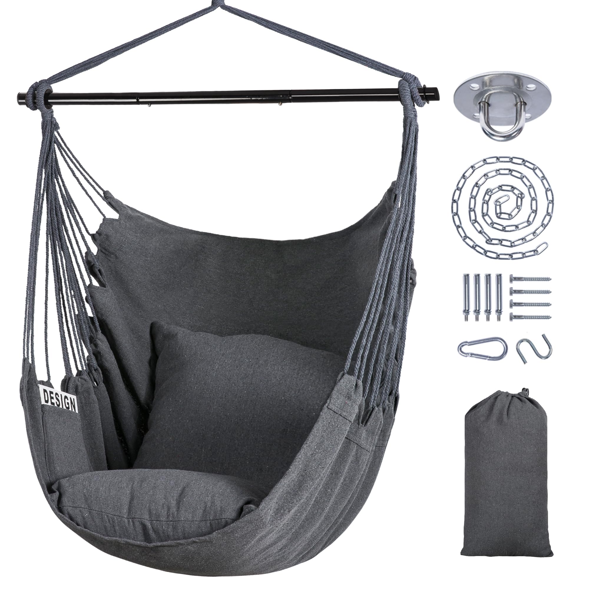 SUNCREAT front view dark gray hammock chair showing roomy seat and stylish look