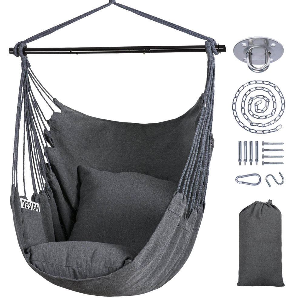 SUNCREAT front view dark gray hammock chair showing roomy seat and stylish look