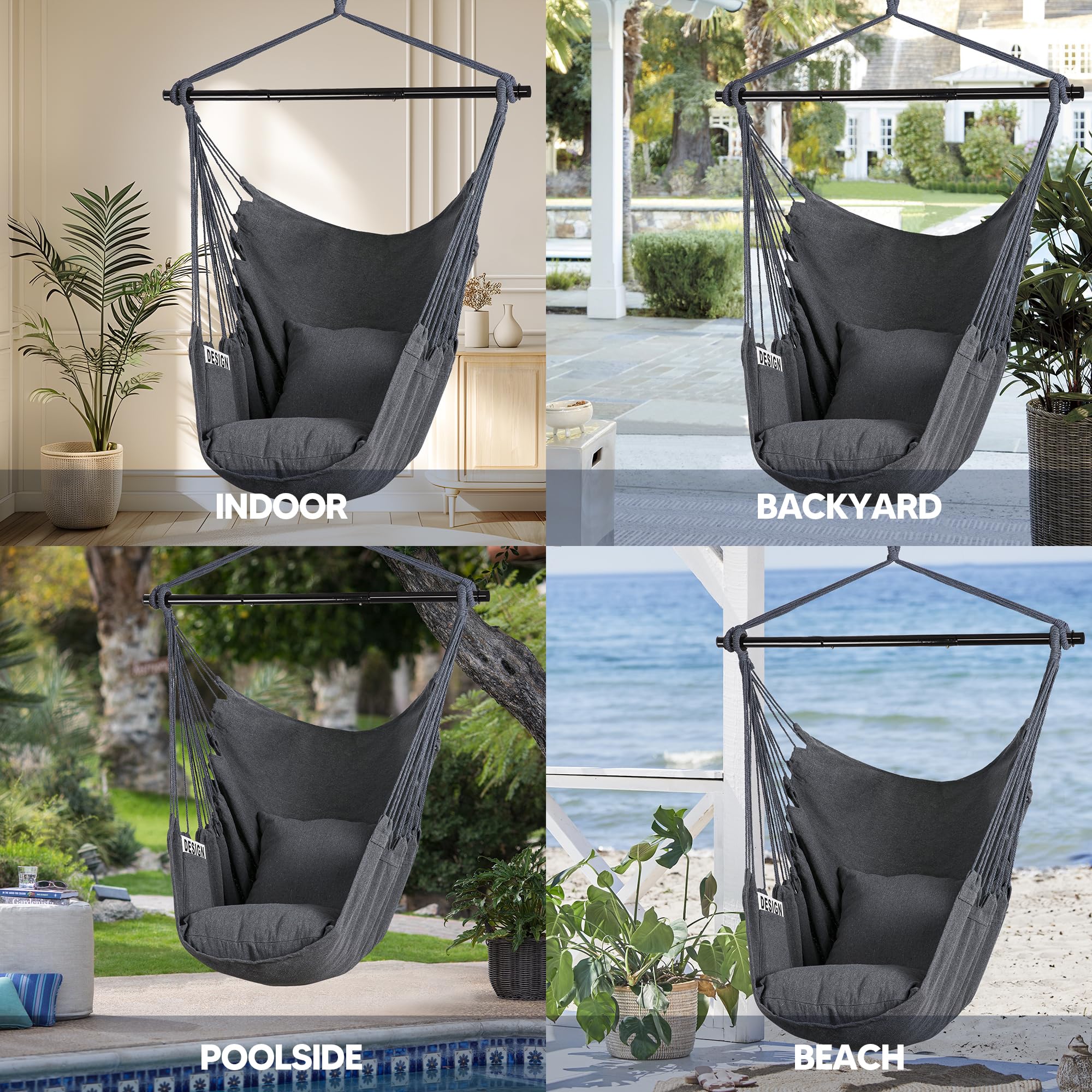 SUNCREAT hammock chair with person showing scale and generous reclining space